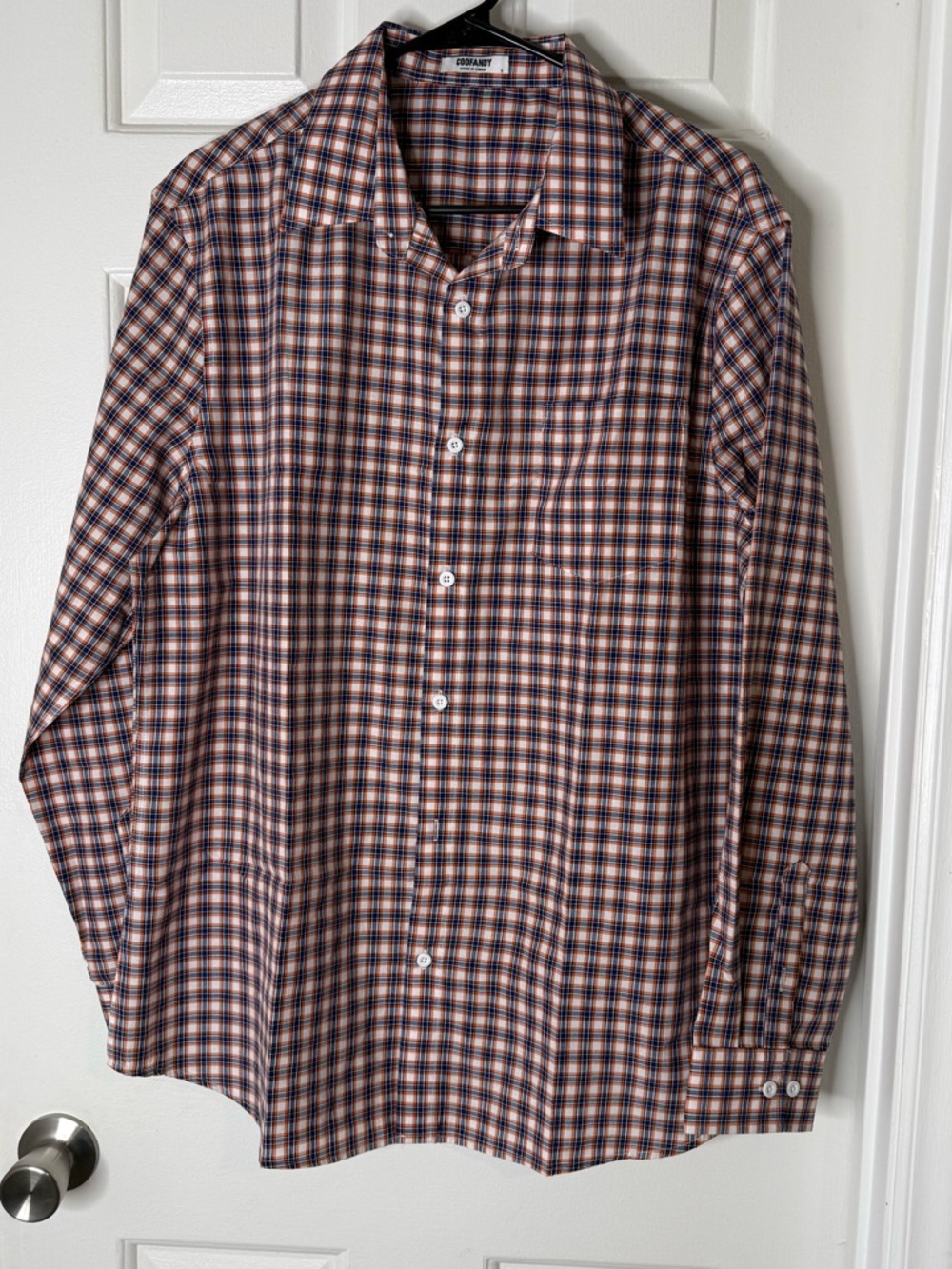 Men's Cotton Blend Plaid Button-Down Shirt - Orange & Navy